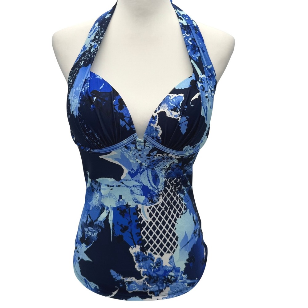 HAPARI Women's Medium 8-10 Blue Floral Swim‎ Tankini Halter Top Padded Underwire